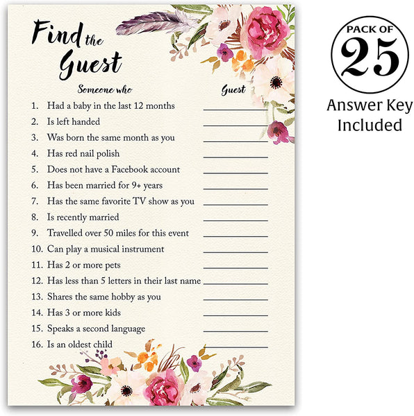 Floral Bohemian Baby Shower Game - Find The Guest • SET of 25