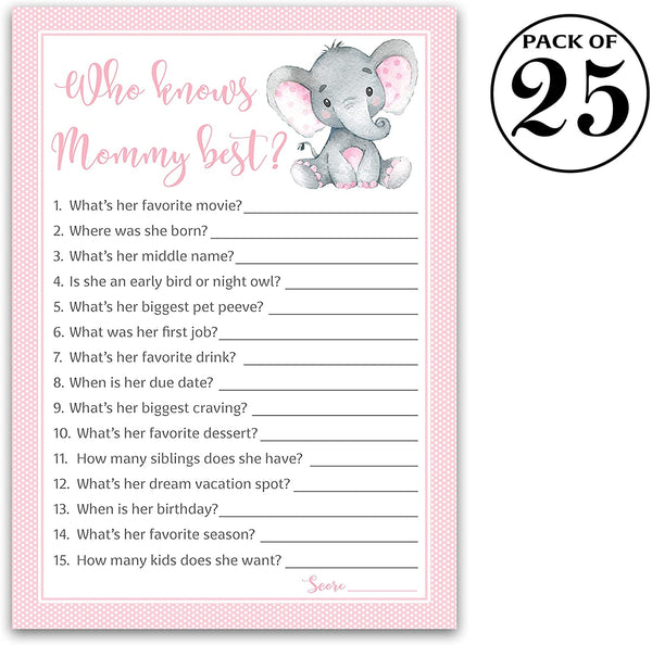 Pink Elephant Baby Shower Game - Who Knows Mommy Best • SET of 25