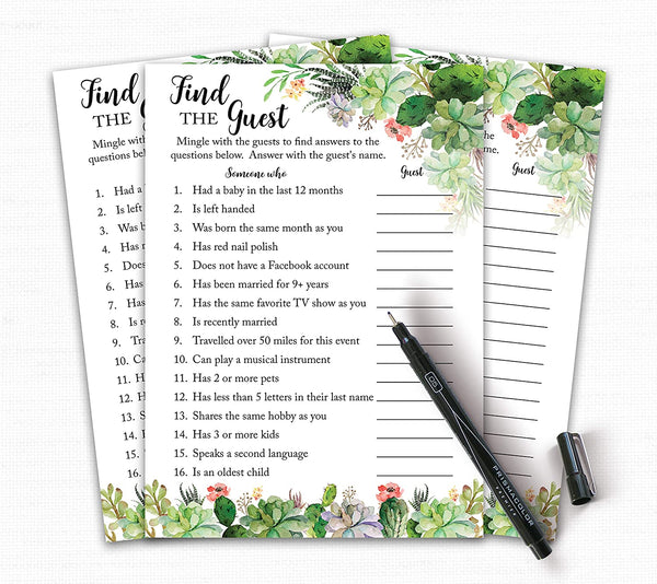 Floral Green Succulents Baby Shower Game - Find The Guest • SET of 25
