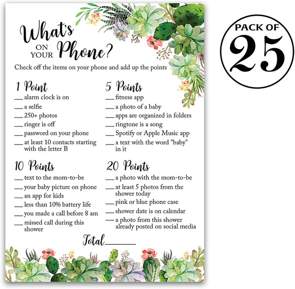 Floral Green Succulents Baby Shower Game - What's On Your Phone • SET of 25