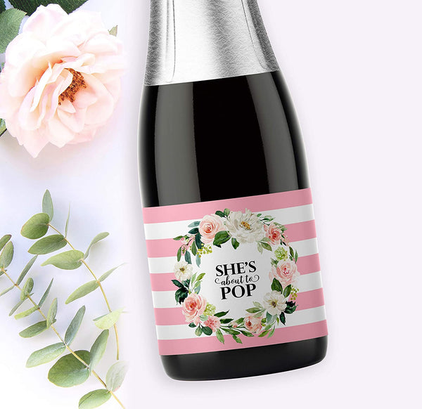 She's Ready To Pop • Blush Rose Pink Baby Shower Mini Champagne Labels • SET of 18
