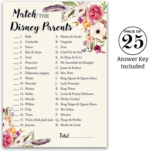 Floral Bohemian Baby Shower Game - Disney Parent Match • SET of 25