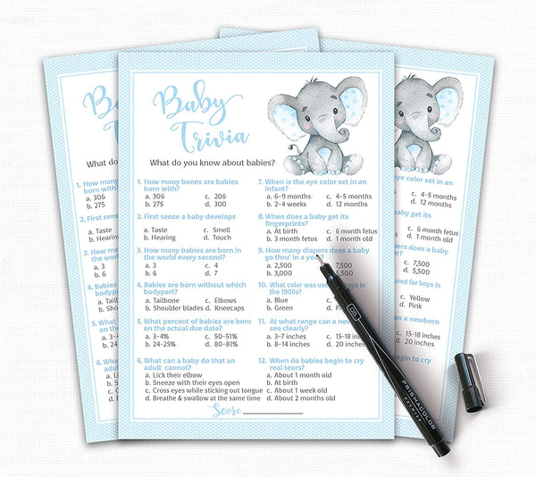 Blue Elephant Baby Shower Game - Baby Trivia • SET of 25