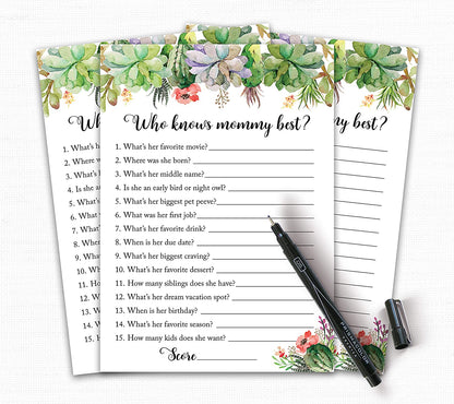 Floral Green Succulents Baby Shower Game - Who Knows Mommy Best • SET of 25