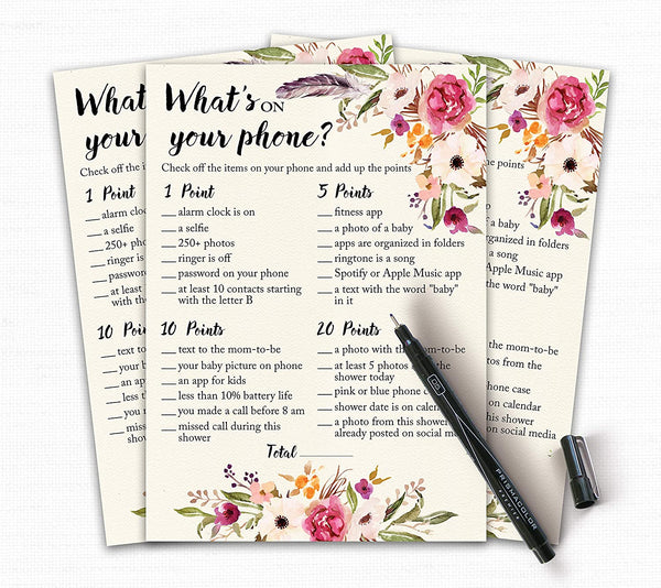 Floral Bohemian Baby Shower Game - What's On Your Phone • SET of 25