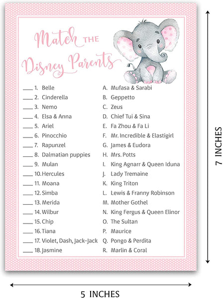 Pink Elephant Baby Shower Game - Disney Parent Match • SET of 25