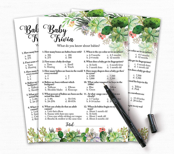 Floral Green Succulents Baby Shower Game - Baby Trivia • SET of 25