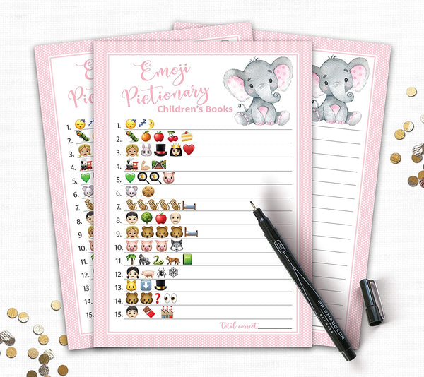Pink Elephant Baby Shower Games - Emoji Pictionary • SET of 25