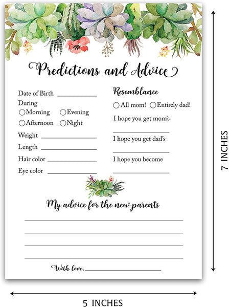Floral Green Succulents Baby Shower Game - Predictions & Advice For New Parents • SET of 25