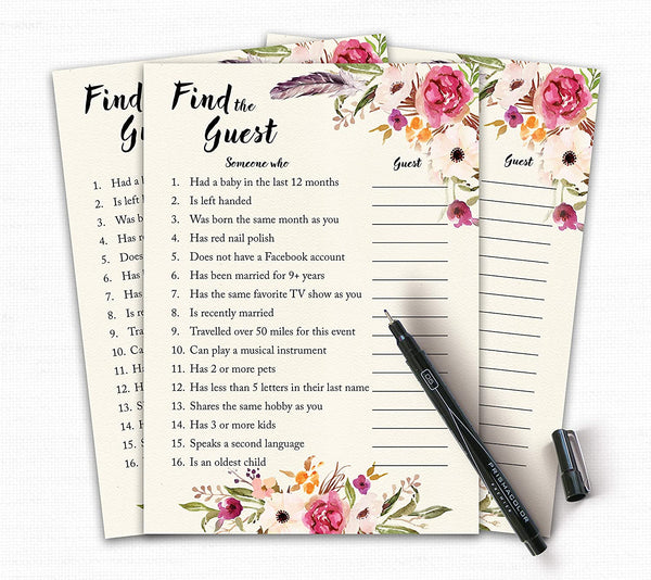 Floral Bohemian Baby Shower Game - Find The Guest • SET of 25