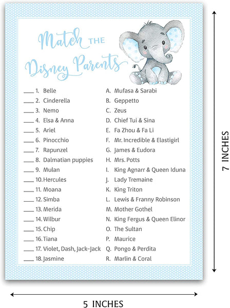 Blue Elephant Baby Shower Game - Disney Parent Match • SET of 25