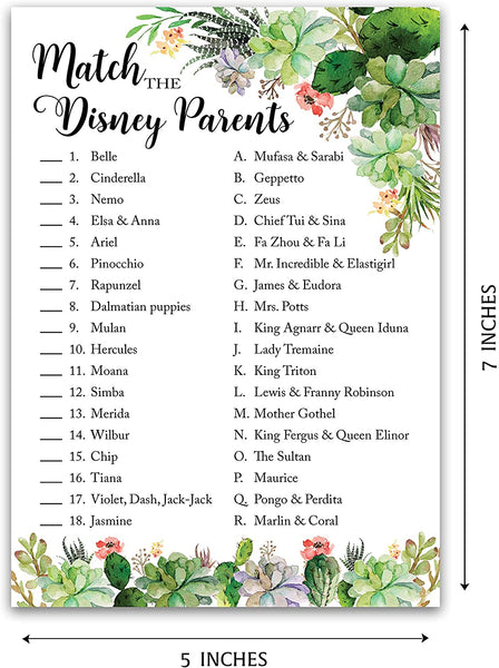 Floral Green Succulents Baby Shower Game - Disney Parent Match • SET of 25