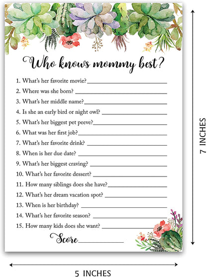 Floral Green Succulents Baby Shower Game - Who Knows Mommy Best • SET of 25