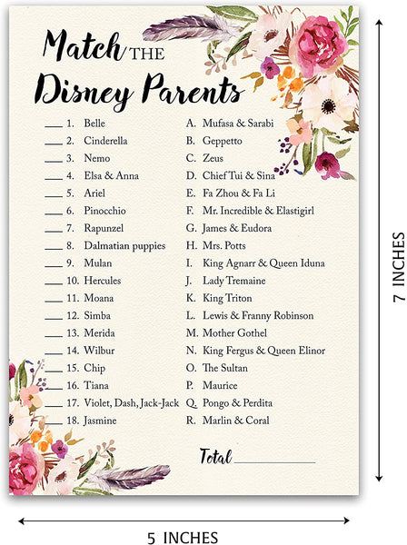 Floral Bohemian Baby Shower Game - Disney Parent Match • SET of 25