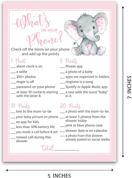 Pink Elephant Baby Shower Game - What's On Your Phone • SET of 25