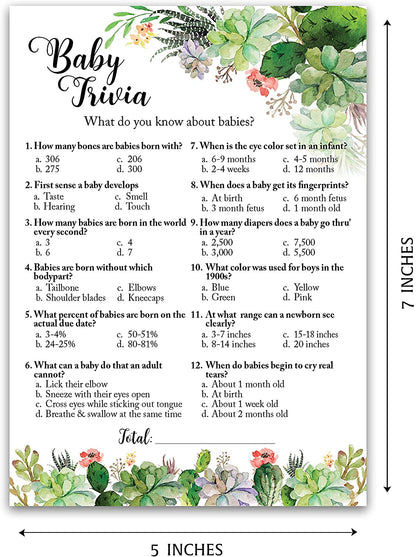 Floral Green Succulents Baby Shower Game - Baby Trivia • SET of 25