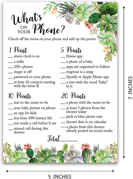 Floral Green Succulents Baby Shower Game - What's On Your Phone • SET of 25