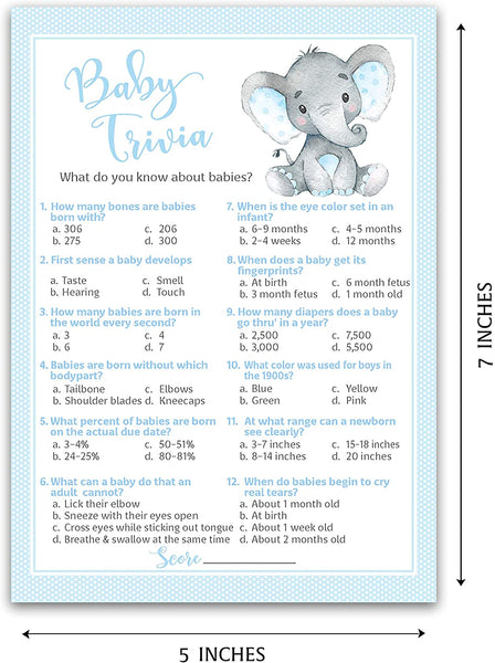 Blue Elephant Baby Shower Game - Baby Trivia • SET of 25