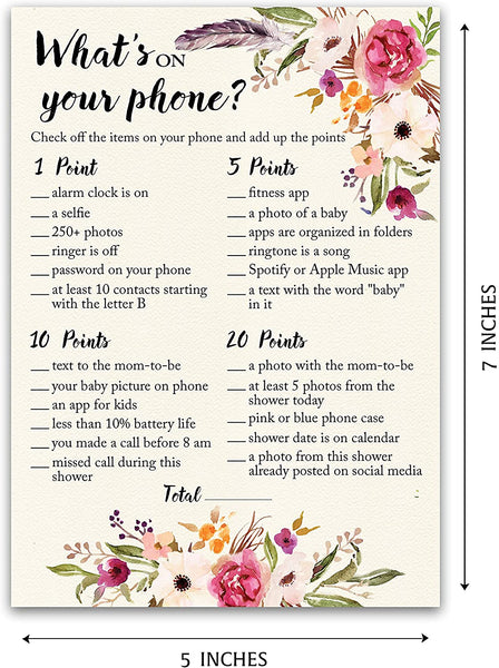 Floral Bohemian Baby Shower Game - What's On Your Phone • SET of 25