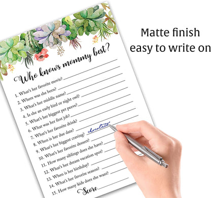 Floral Green Succulents Baby Shower Game - Who Knows Mommy Best • SET of 25