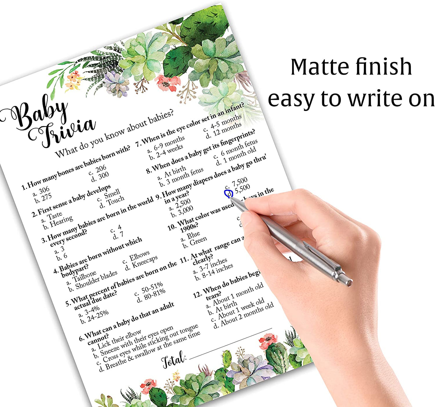 Floral Green Succulents Baby Shower Game - Baby Trivia • SET of 25