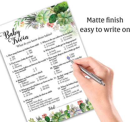 Floral Green Succulents Baby Shower Game - Baby Trivia • SET of 25