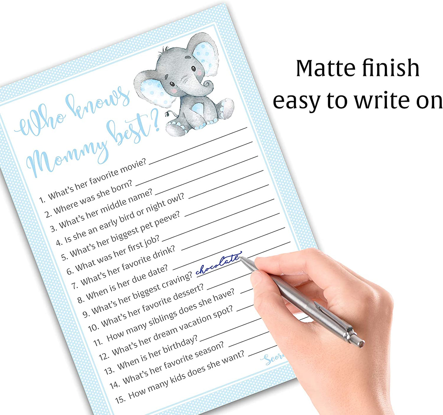 Blue Elephant Baby Shower Game - Who Knows Mommy Best • SET of 25