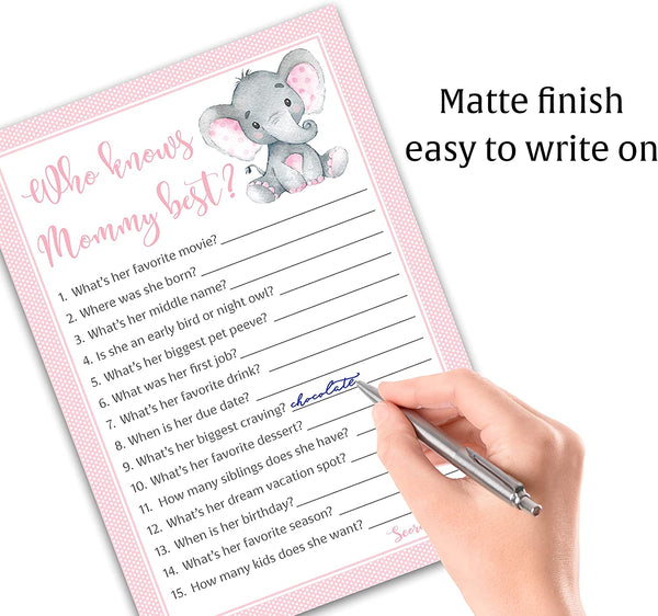 Pink Elephant Baby Shower Game - Who Knows Mommy Best • SET of 25