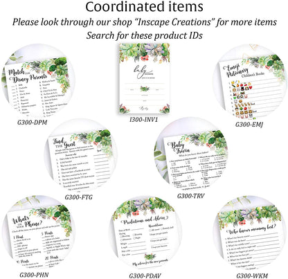 Floral Green Succulents Baby Shower Game - Baby Trivia • SET of 25