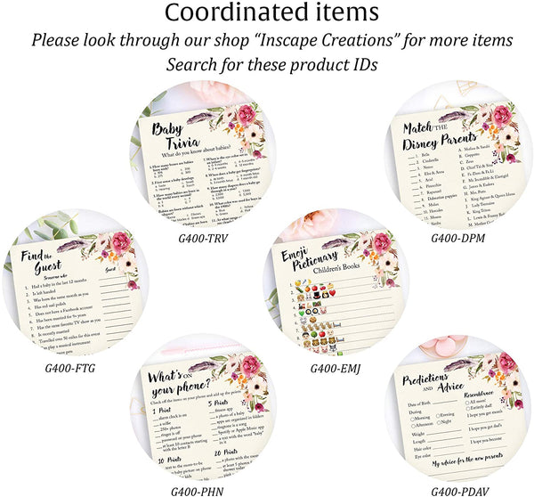 Floral Bohemian Baby Shower Game - Disney Parent Match • SET of 25