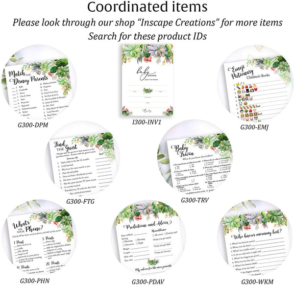 Floral Green Succulents Baby Shower Game - Who Knows Mommy Best • SET of 25