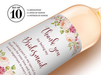 Thank You For Being My Bridesmaid Wine Bottle Labels • Bridesmaid, Maid / Matron of Honor Thank You • SET of 10