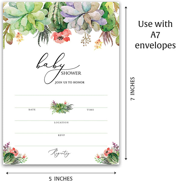 Floral Green Succulents Baby Shower Invitations • SET of 25