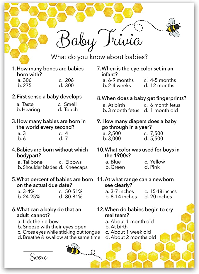 Bee Baby Shower Game - Baby Trivia • SET of 25