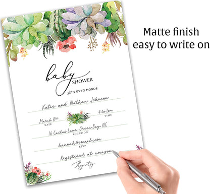 Floral Green Succulents Baby Shower Invitations • SET of 25