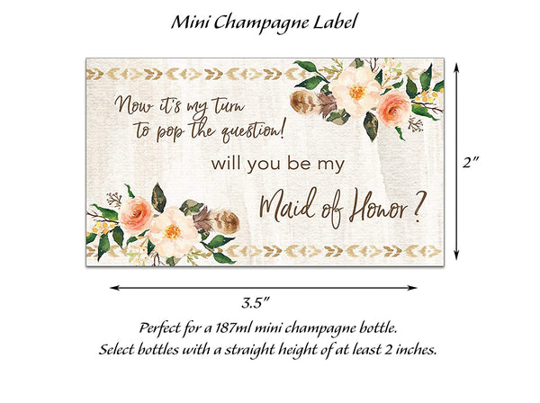 Bohemian Will You Be My Bridesmaid Mini Champagne Labels • Country Feathers Bridesmaid Proposal, Maid / Matron of Honor Ask Rustic • SET of 8