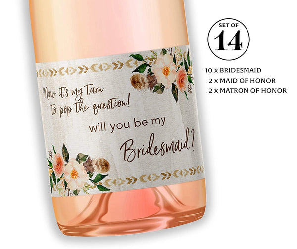 Bohemian Will You Be My Bridesmaid Mini Champagne Labels • Country Feathers Bridesmaid Proposal, Maid / Matron of Honor Ask Rustic • SET of 14
