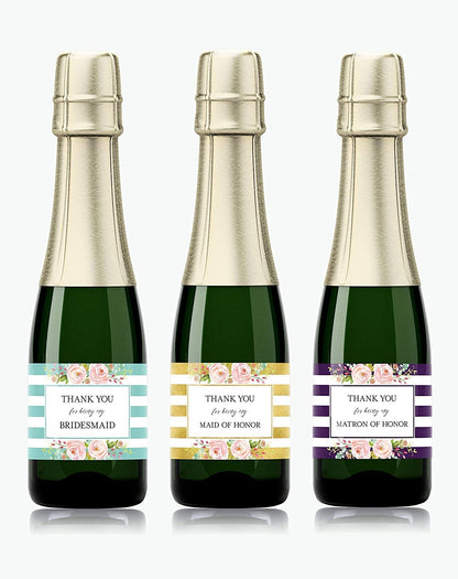 Thank You For Being My Bridesmaid Mini Champagne Labels • Bridesmaid, Maid / Matron of Honor Thank You • 8 DIFFERENT Colors • SET of 8