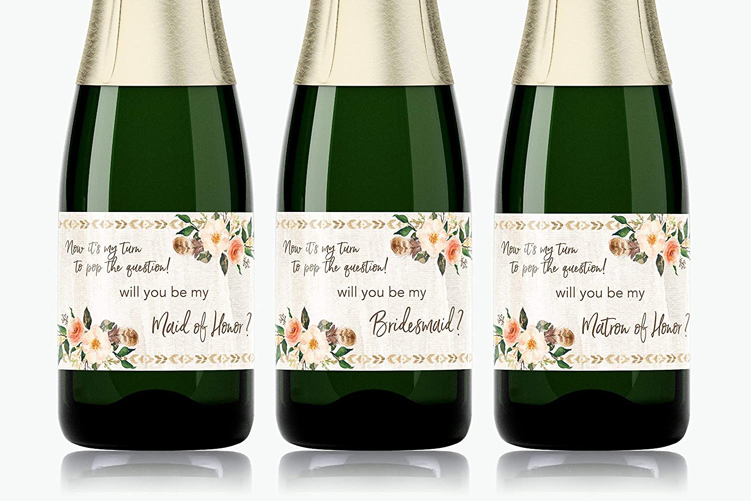Bohemian Will You Be My Bridesmaid Mini Champagne Labels • Country Feathers Bridesmaid Proposal, Maid / Matron of Honor Ask Rustic • SET of 8