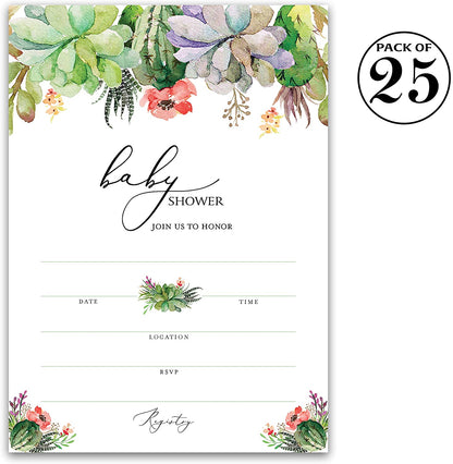 Floral Green Succulents Baby Shower Invitations • SET of 25