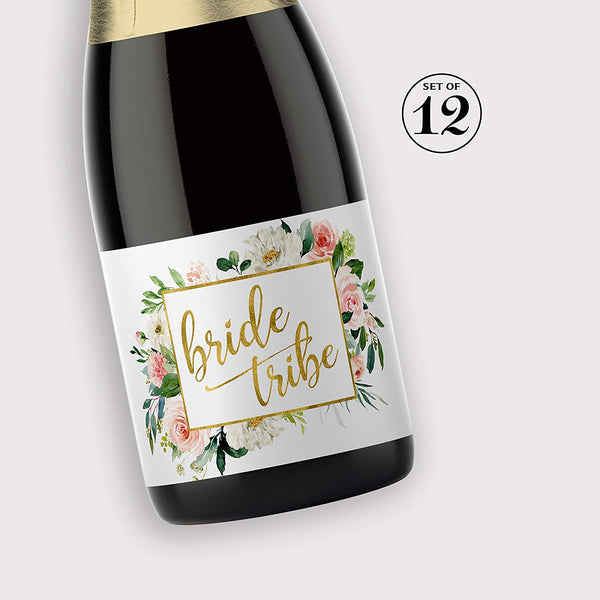 Bride Tribe • Blush Rose Bachelorette Party, Bridal Shower Mini Champagne Labels • SET of 12