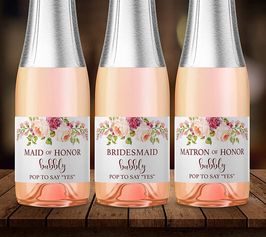 Will You Be My Bridesmaid Mini Champagne Labels • Floral Bridesmaid Proposal, Maid / Matron of Honor Ask • SET of 8