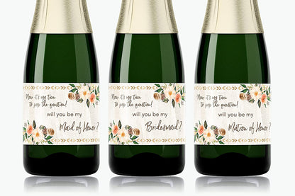 Bohemian Will You Be My Bridesmaid Mini Champagne Labels • Country Feathers Bridesmaid Proposal, Maid / Matron of Honor Ask Rustic • SET of 14