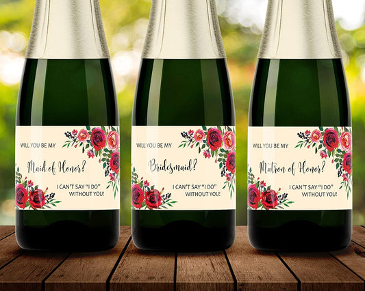 Will You Be My Bridesmaid Mini Champagne Labels • Floral Bridesmaid Proposal, Maid / Matron of Honor Ask • SET of 8