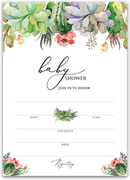 Floral Green Succulents Baby Shower Invitations • SET of 25