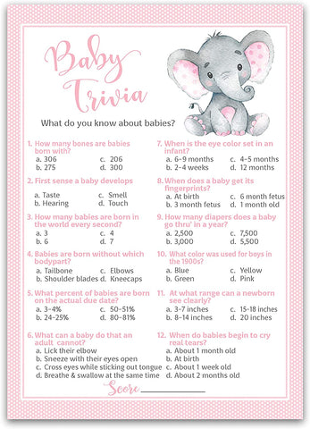 Pink Elephant Baby Shower Game - Baby Trivia • SET of 25