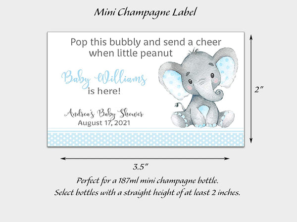 Boy Baby Shower Mini Champagne Labels • Blue Elephant • SET of 18