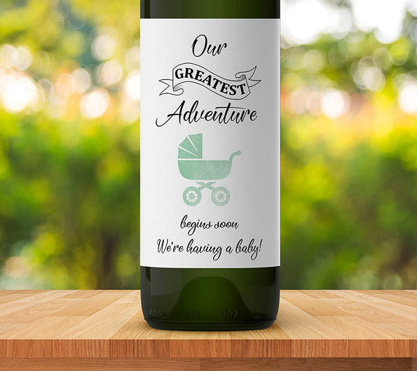 Stroller Baby Announcement Wine Labels • GENDER NEUTRAL • Mint Green Pregnancy Announcement •SET of 6