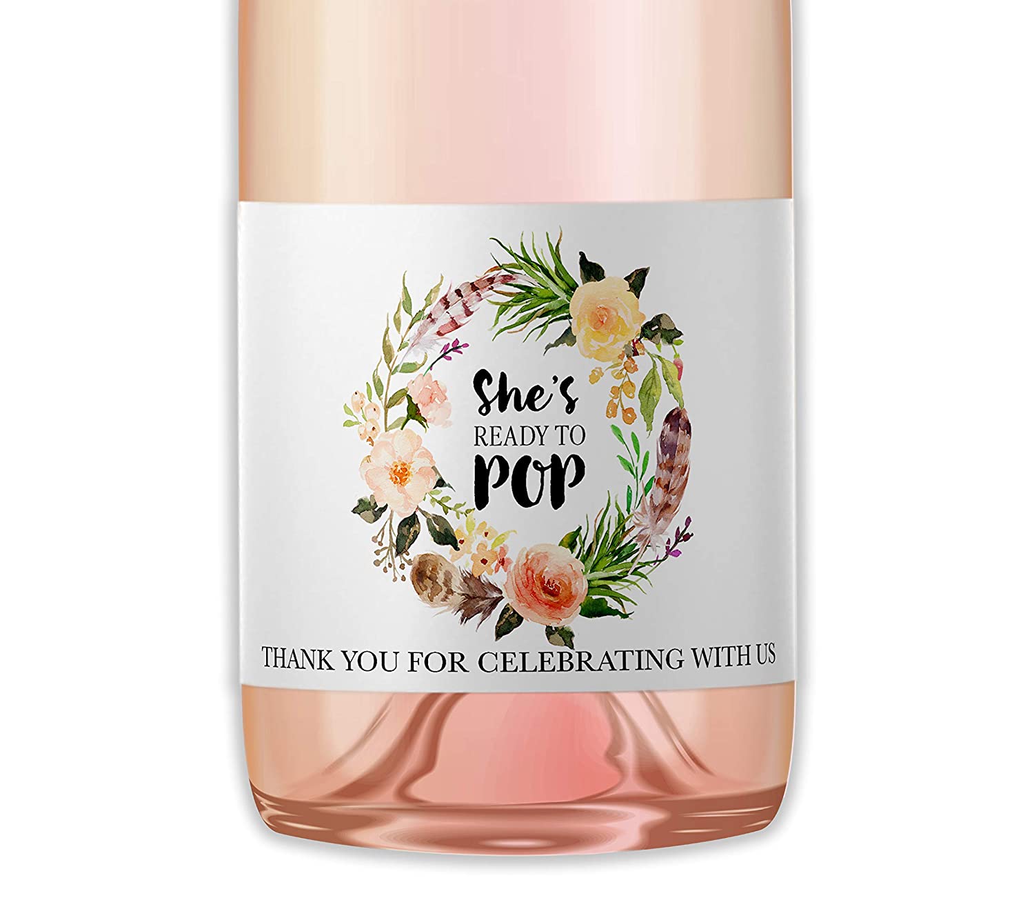 She's Ready To Pop • Bohemian Baby Shower Mini Champagne Labels • SET of 18