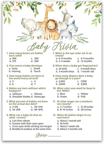Safari Animals Baby Shower Game - Baby Trivia • SET of 25